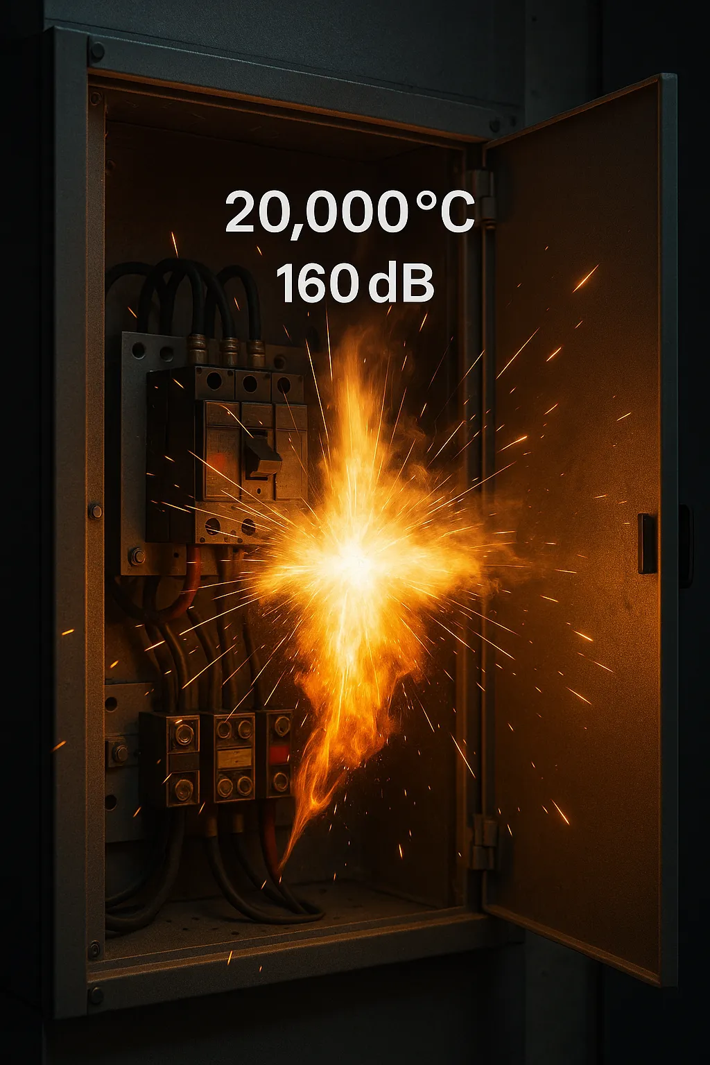 High-speed photo of an arc flash inside a switchgear panel