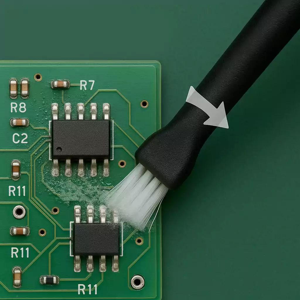Brushing off flux from PCB