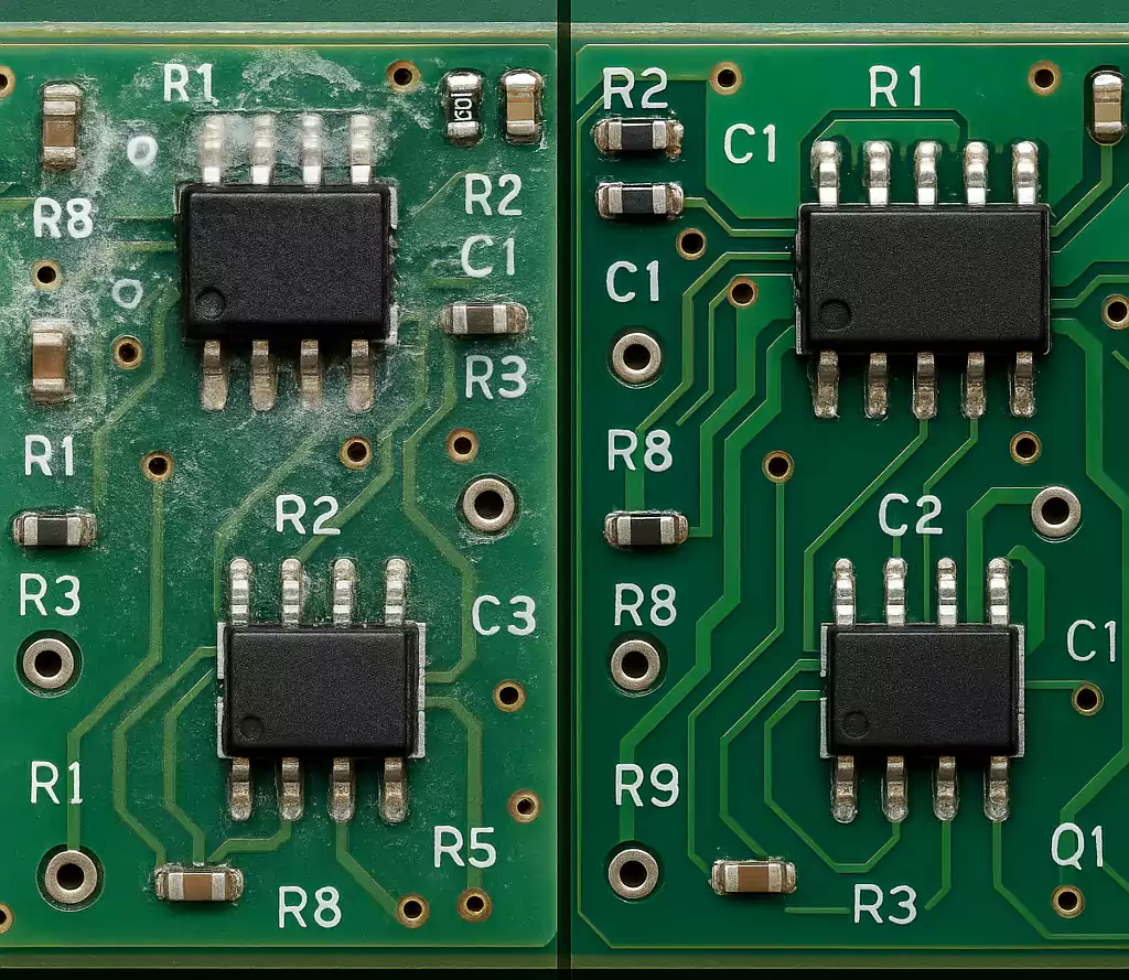 Before and after cleaning flux from PCB