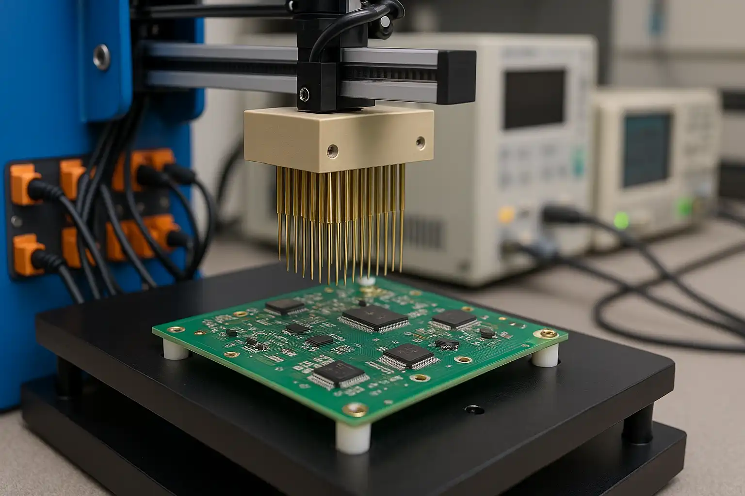 Automated test fixture probing a green circuit board