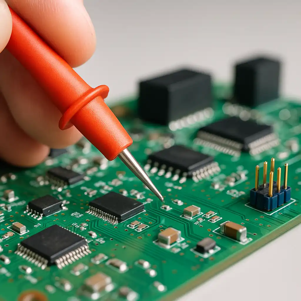 Close-up of multimeter probe touching a PCB solder point