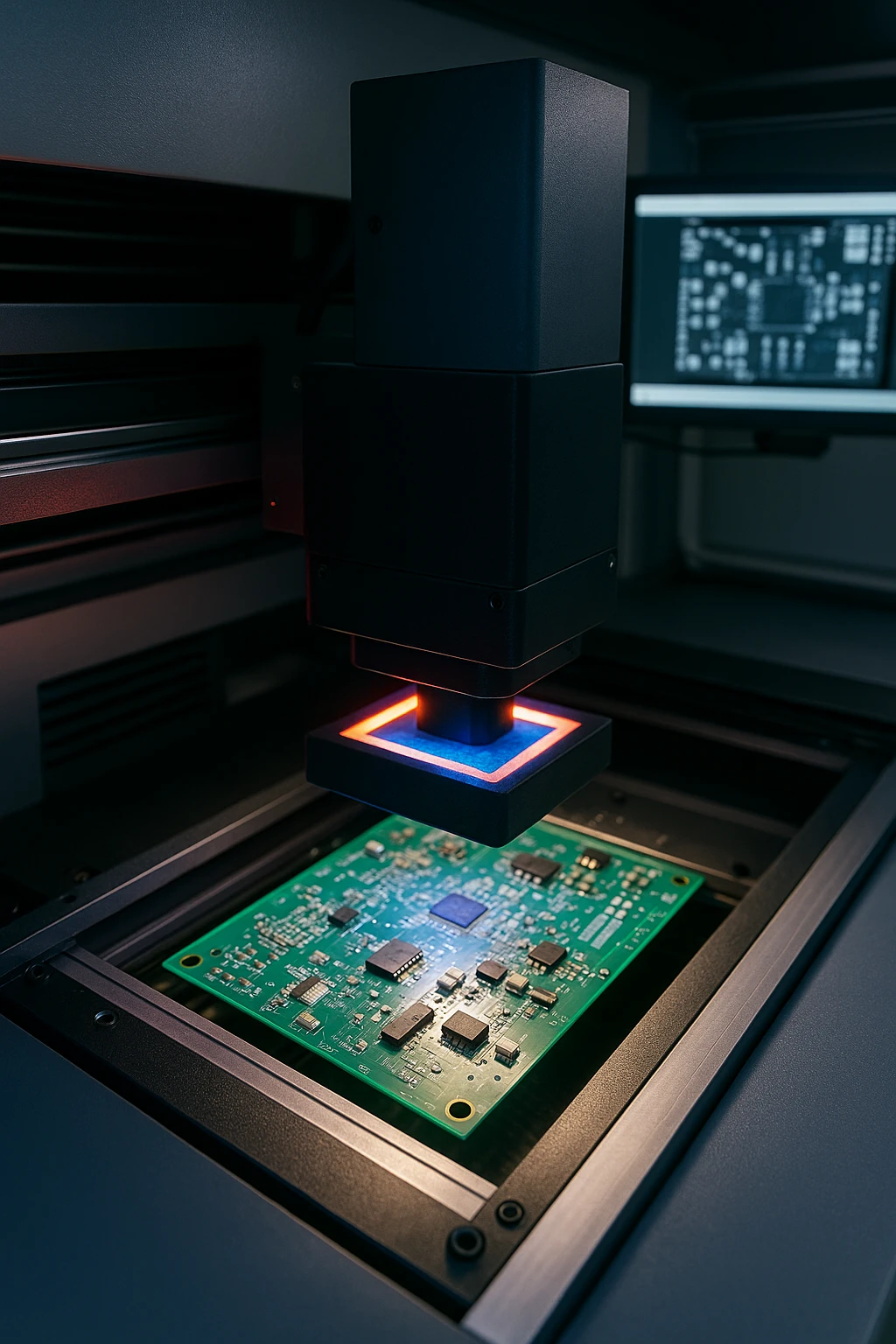 Close-up of an AOI machine inspecting an SMT PCB under red and blue LED lighting, with the board placed on a conveyor and a monitor showing high-contrast inspection imagery.