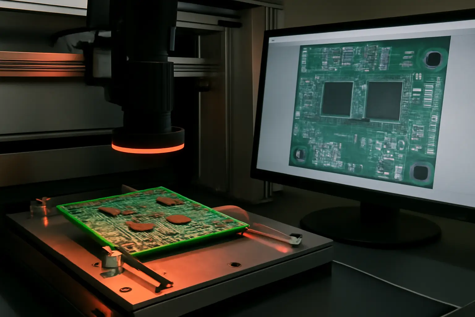Automated optical inspection system checking a PCB with a high-resolution monitor displaying the detailed view