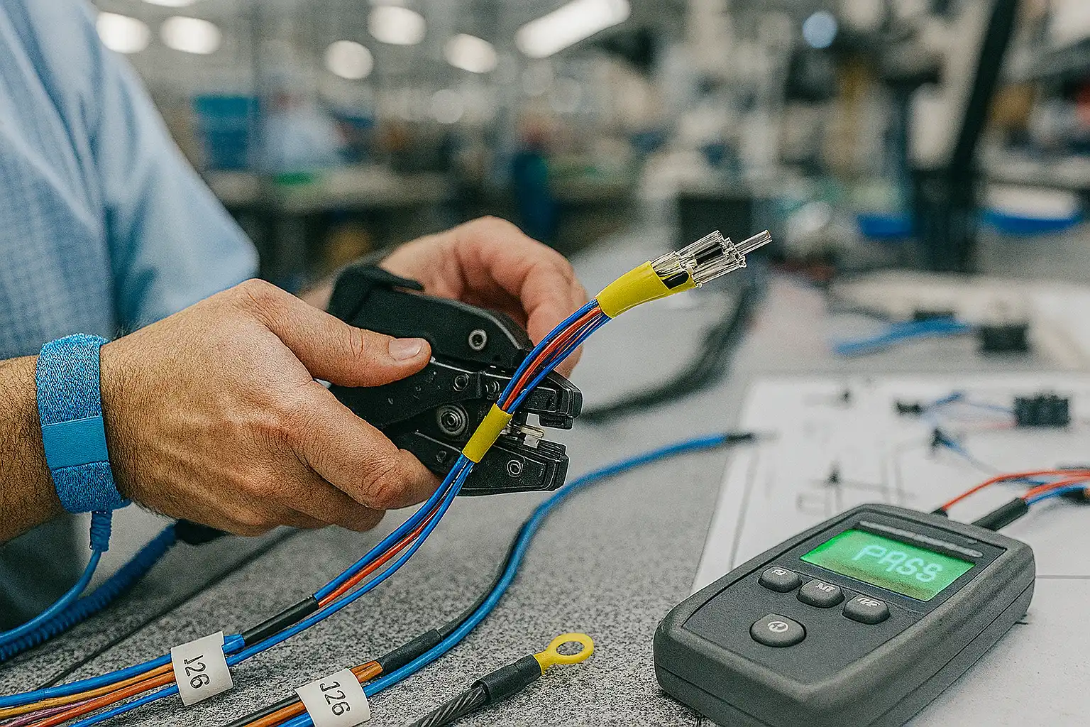 Technician crimping wire harness