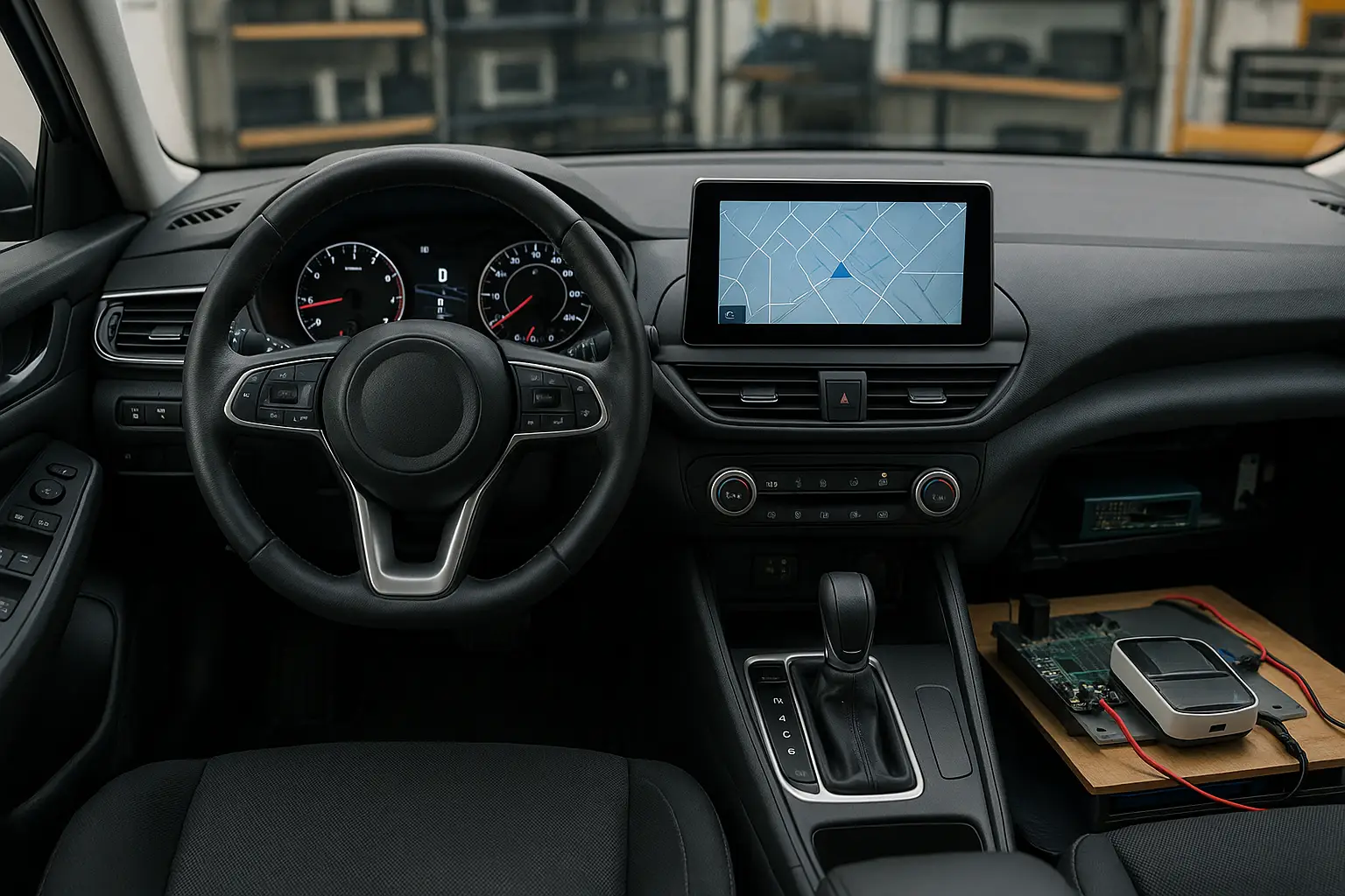 Modern car interior showing dashboard touchscreen and an electronic test board on the passenger side