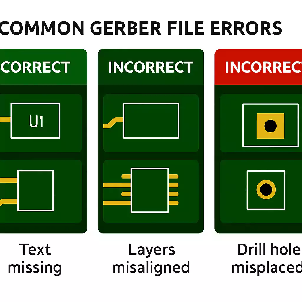 Common Gerber file errors like missing text and misalignment