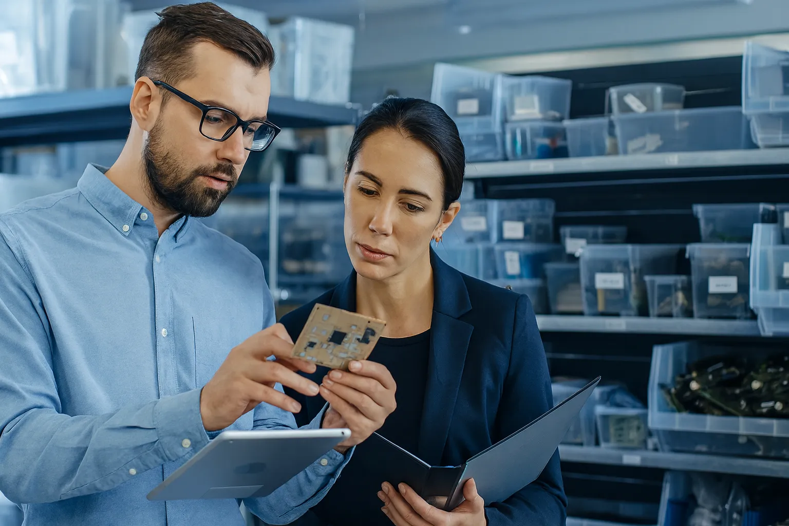 Two professionals inspecting a PCB in an electronics warehouse