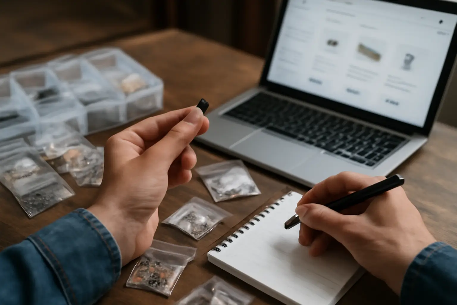 Person sourcing electronic components while evaluating parts and checking an online procurement page on a laptop