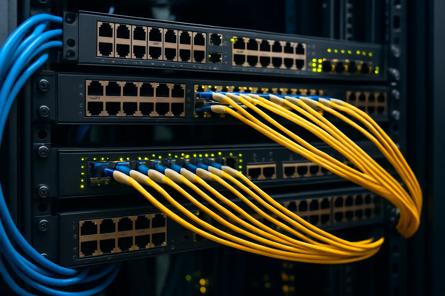 Close‑up of a server rack with yellow fiber optic and blue Ethernet cables connected to network switches