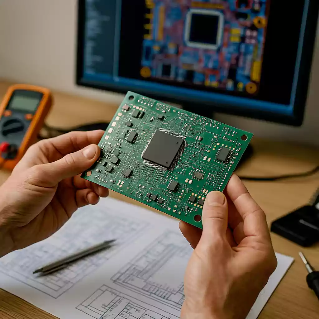 Engineer holding a PCB in front of a circuit board design on screen