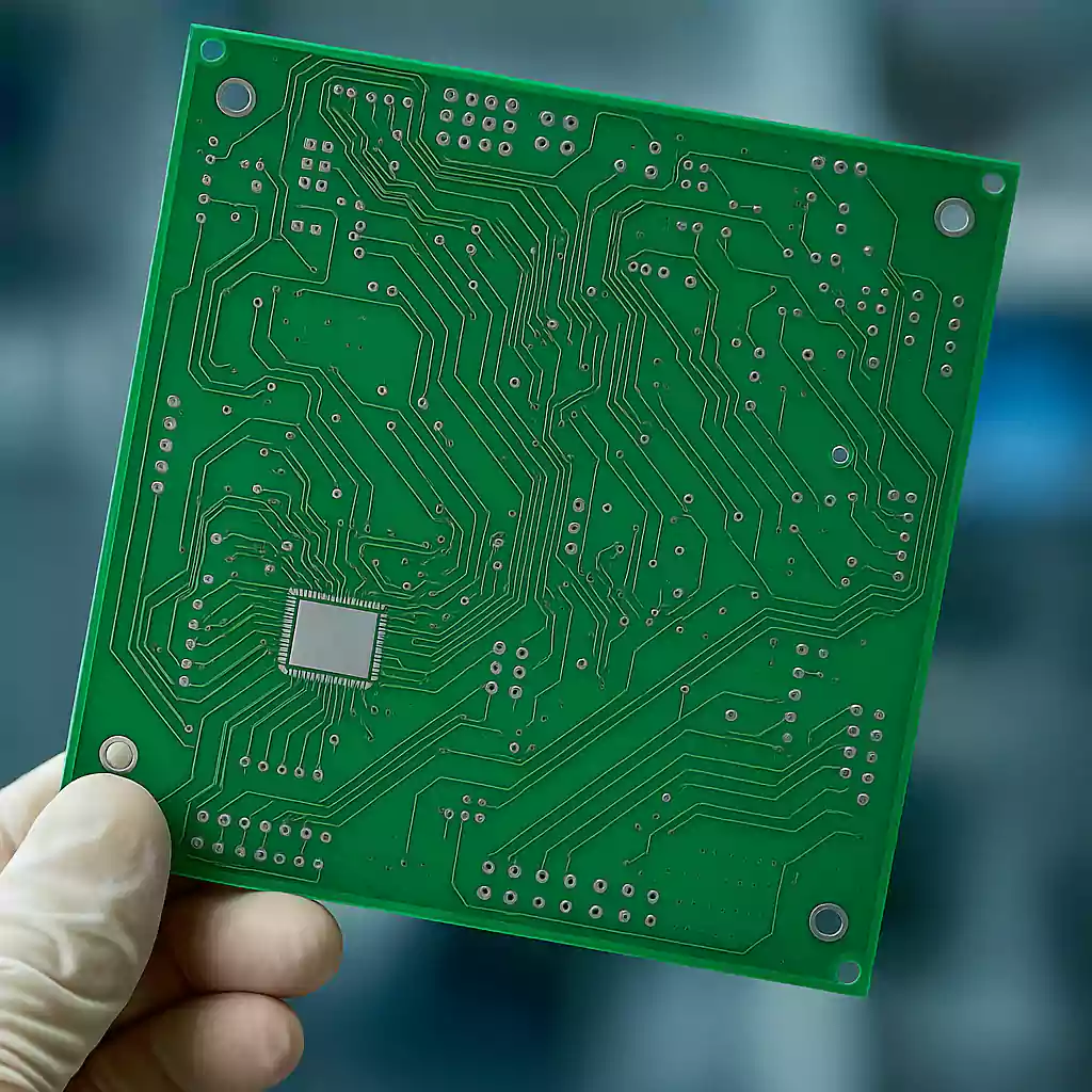 Close-up of green PCB showing copper traces and thickness detail