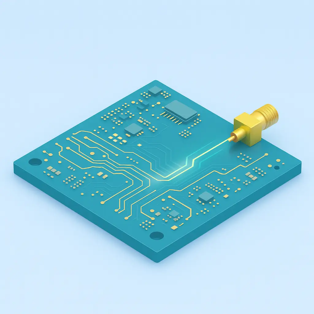 Isometric high-frequency PCB with gold traces on a light blue background
