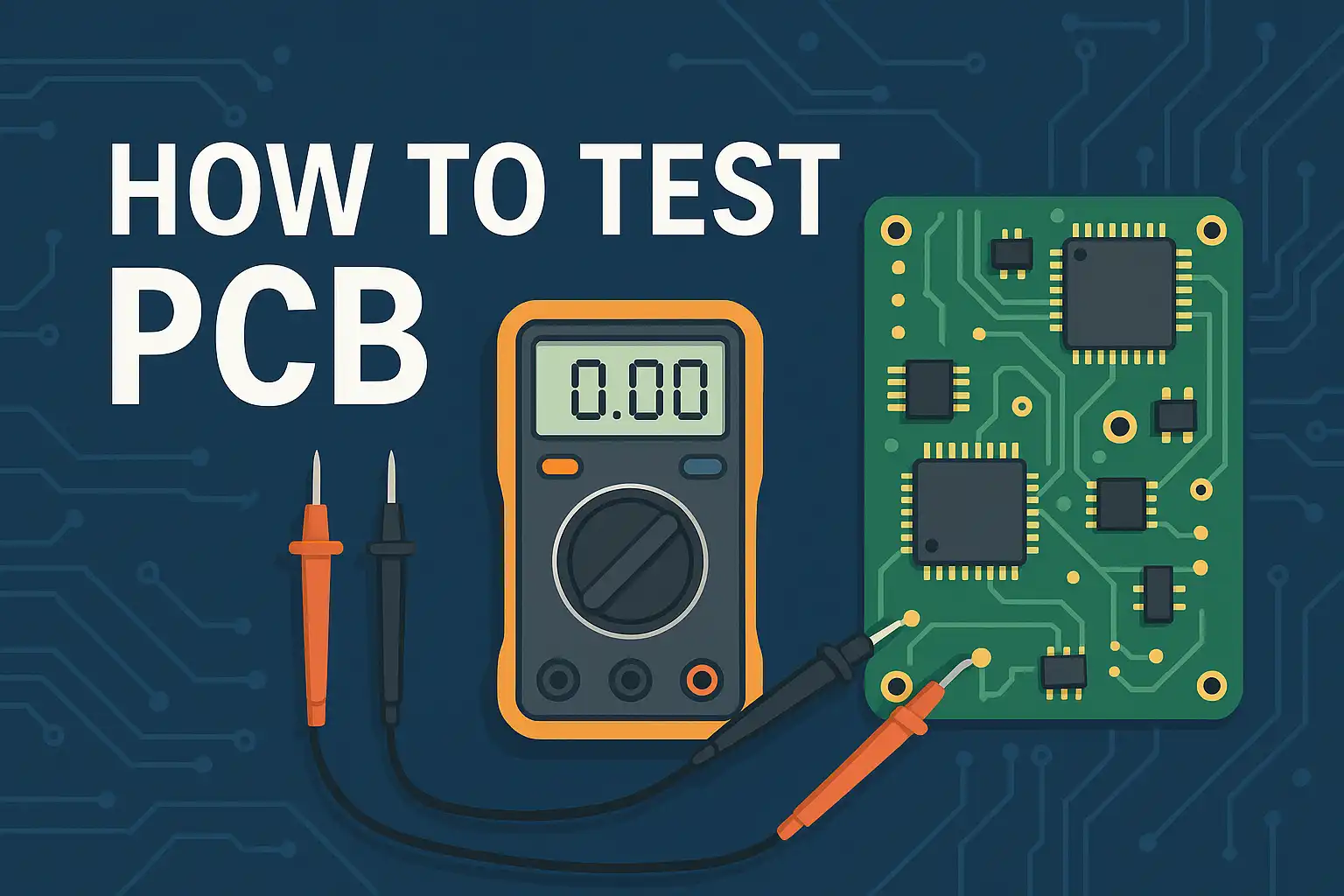 Illustration of a multimeter testing a PCB with title How to Test PCB