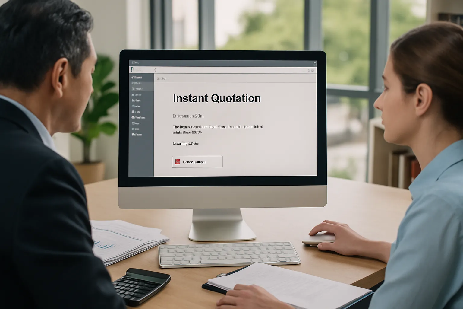 Two professionals reviewing an instant quotation on a computer screen