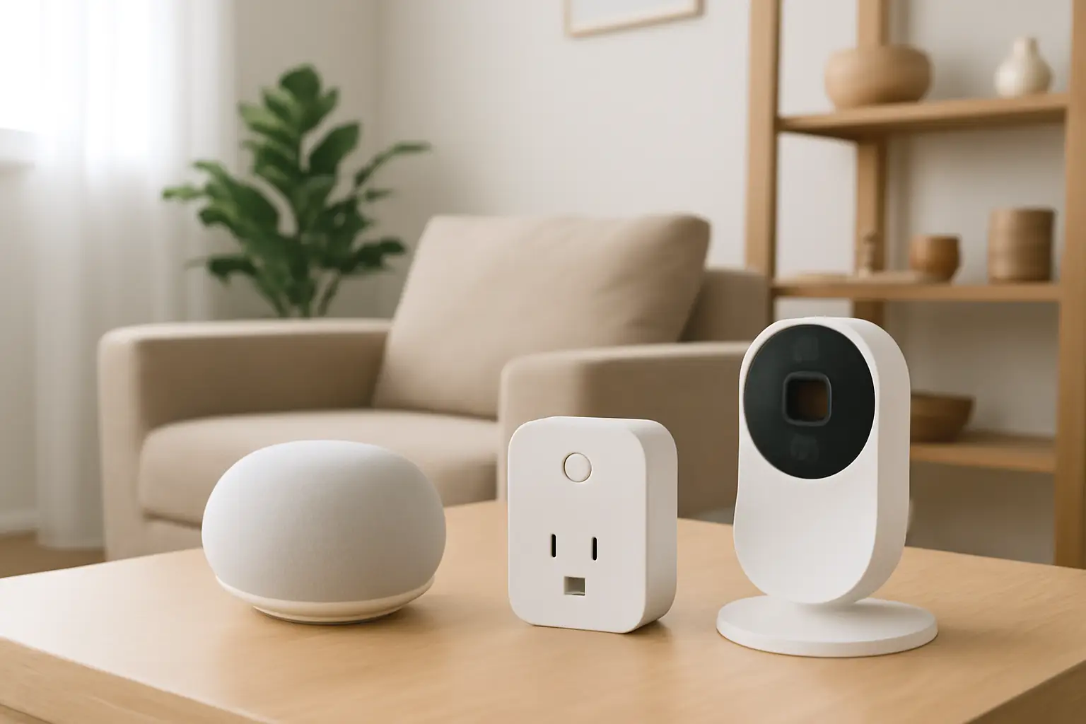 A smart speaker, smart plug, and security camera arranged on a wooden table in a modern living room setting