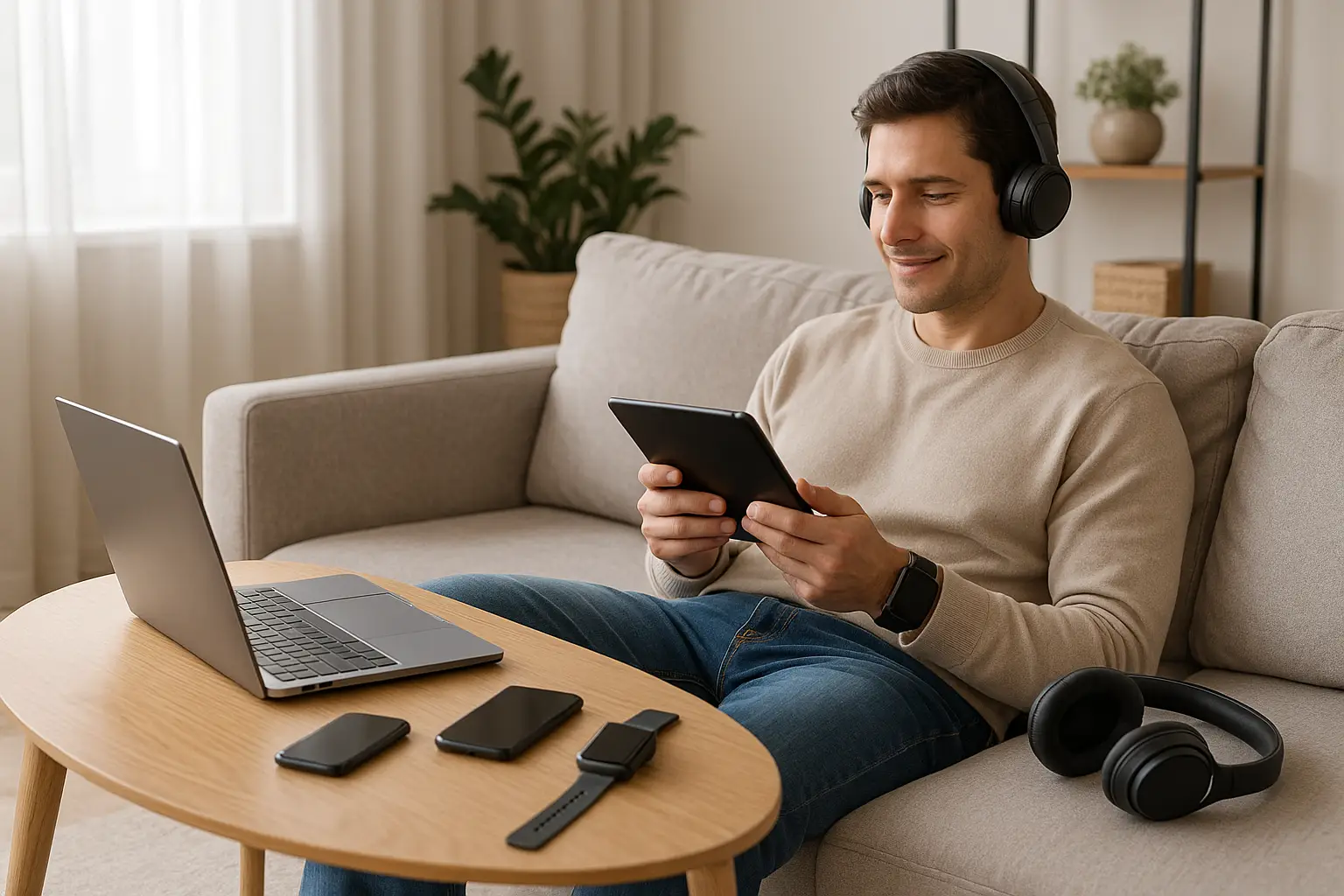 Man relaxing on a sofa using a tablet, surrounded by laptop, phone, smartwatch, and headphones