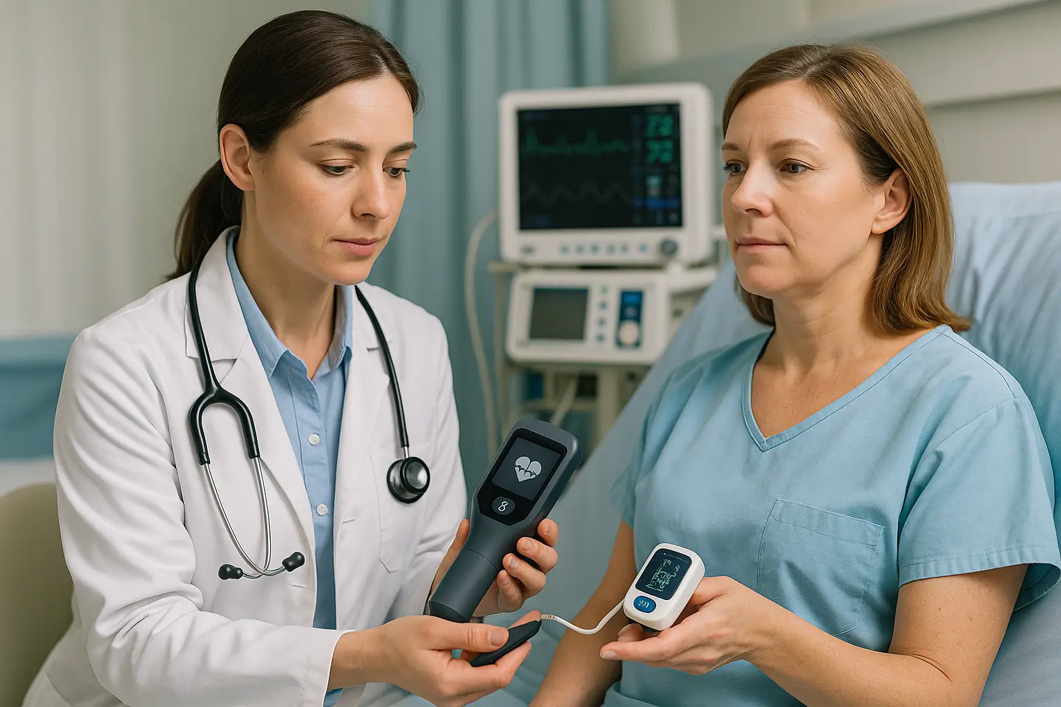 Doctor using handheld ultrasound and pulse oximeter on a patient in a hospital room