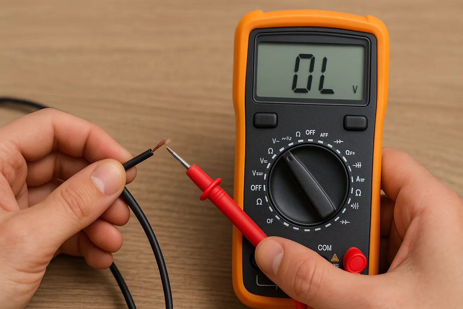 A person testing an open circuit with a digital multimeter; the display shows “OL” indicating no continuity, while probes touch both ends of a broken wire.
