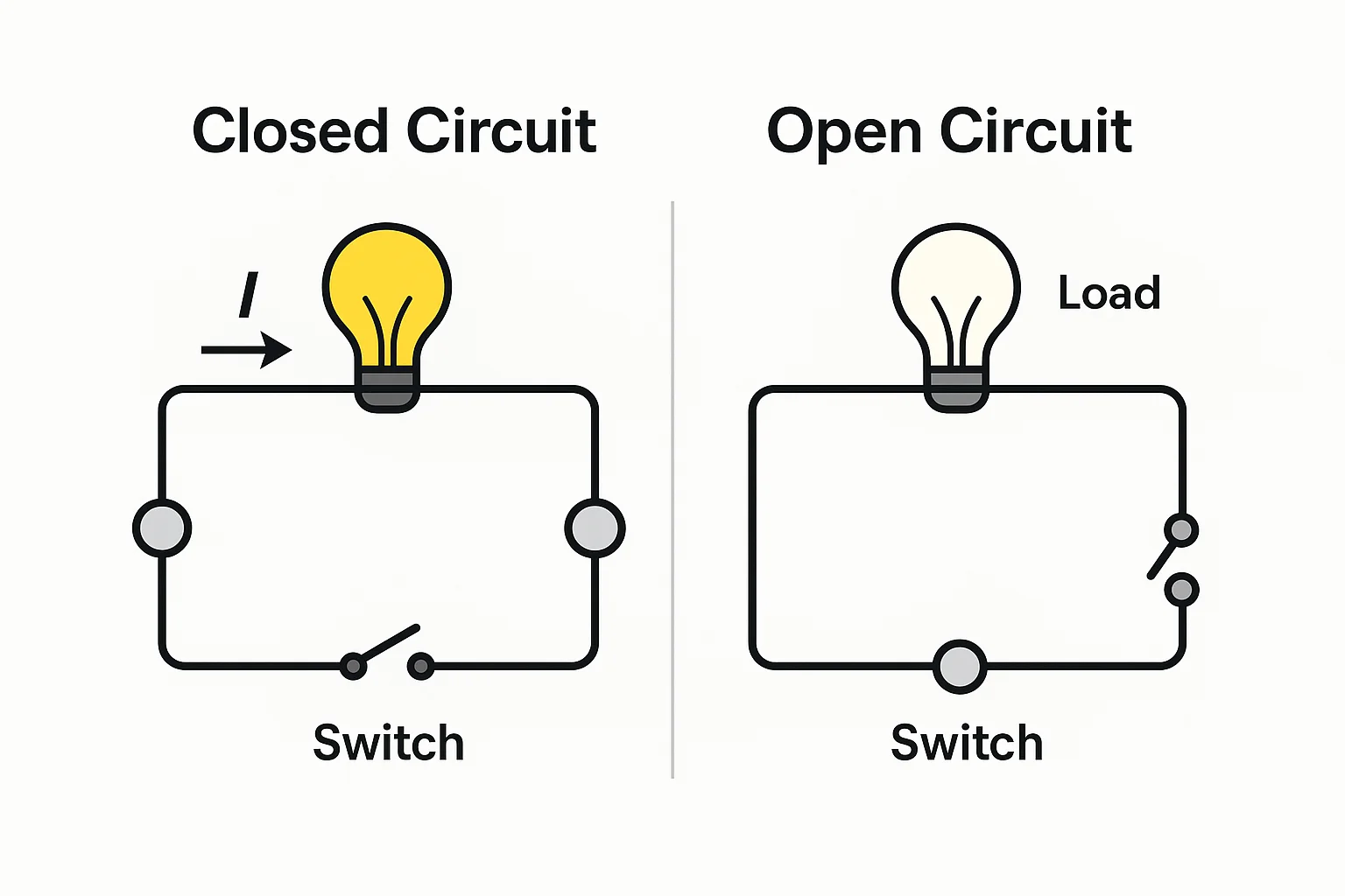 Side-by-side diagram comparing an open circuit with no current to a closed circuit with current flow
