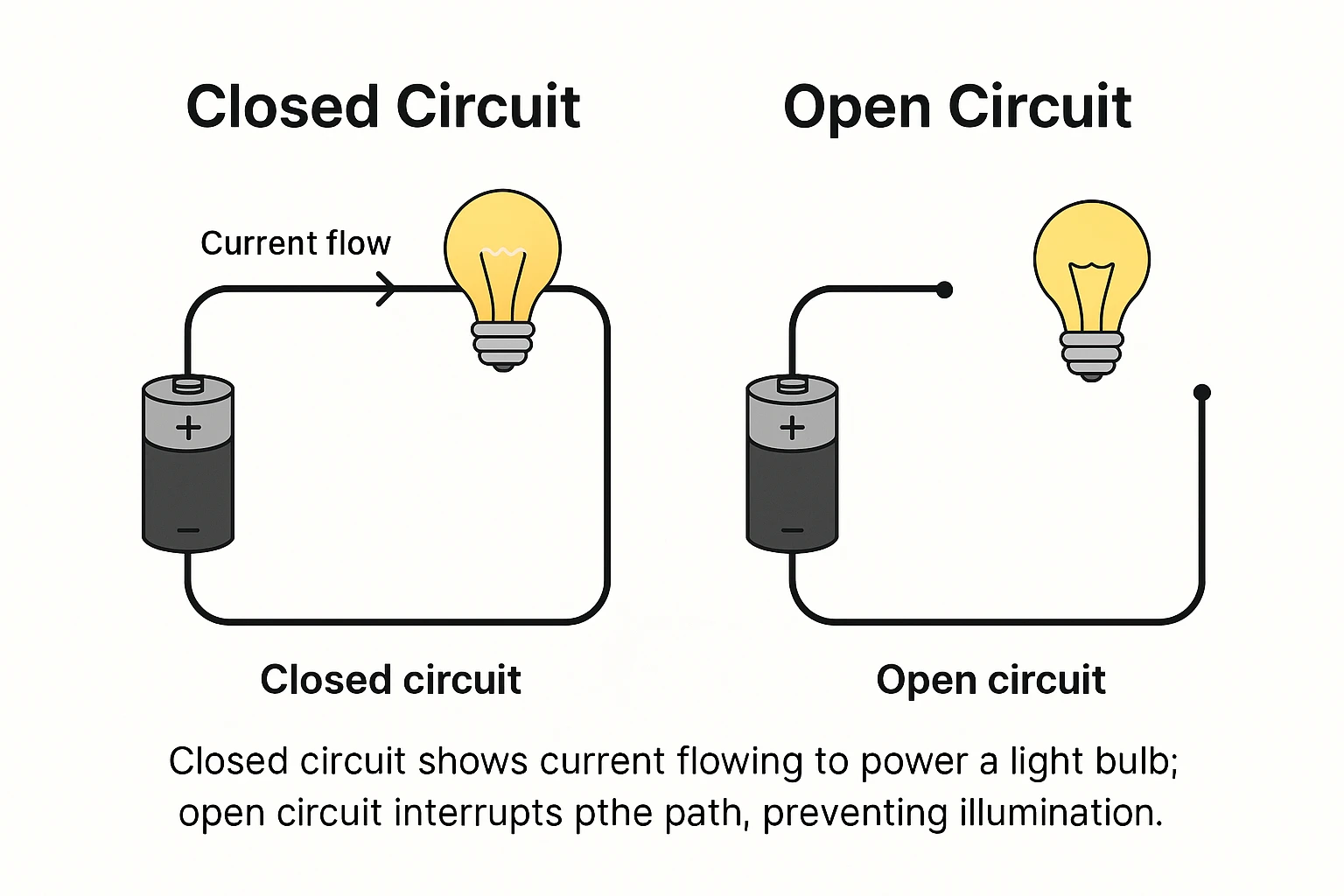Side-by-side illustration of a closed circuit with current lighting a bulb and an open circuit where the break in the wire stops current flow.