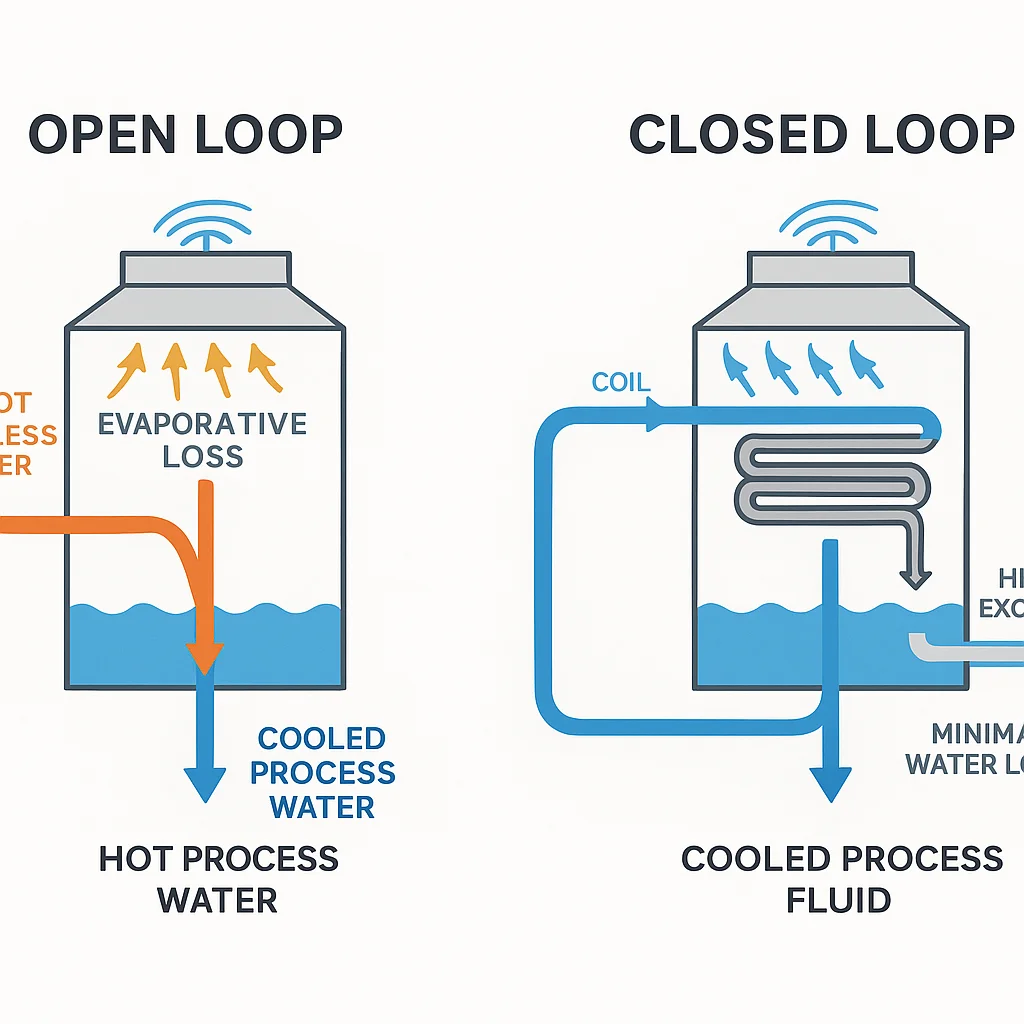 Process flow diagram contrasting open-loop and closed-loop cooling tower operation
