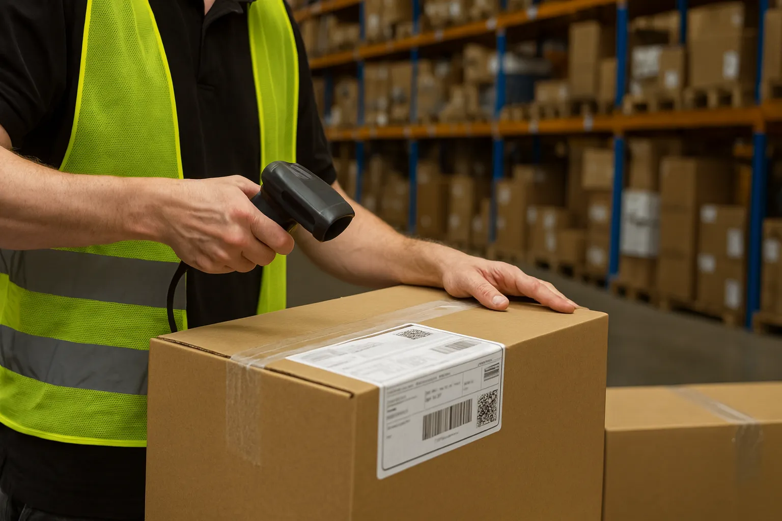 Warehouse worker scanning shipping label on a package