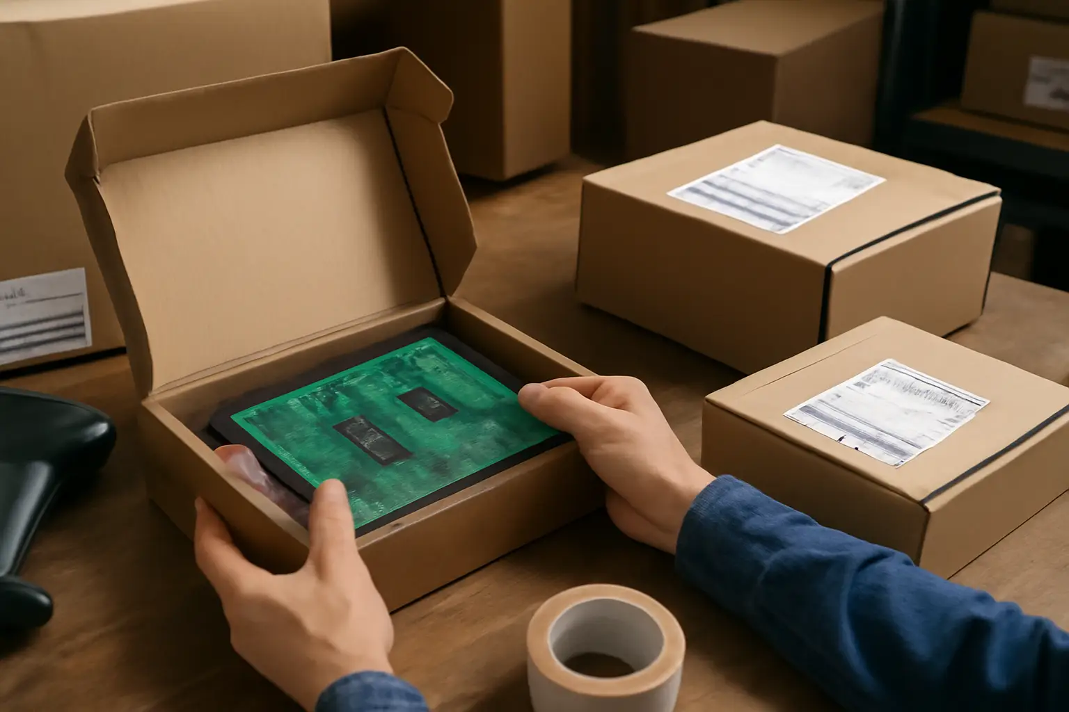 Logistics worker packing a PCB into a cardboard box with protective foam in a warehouse setting