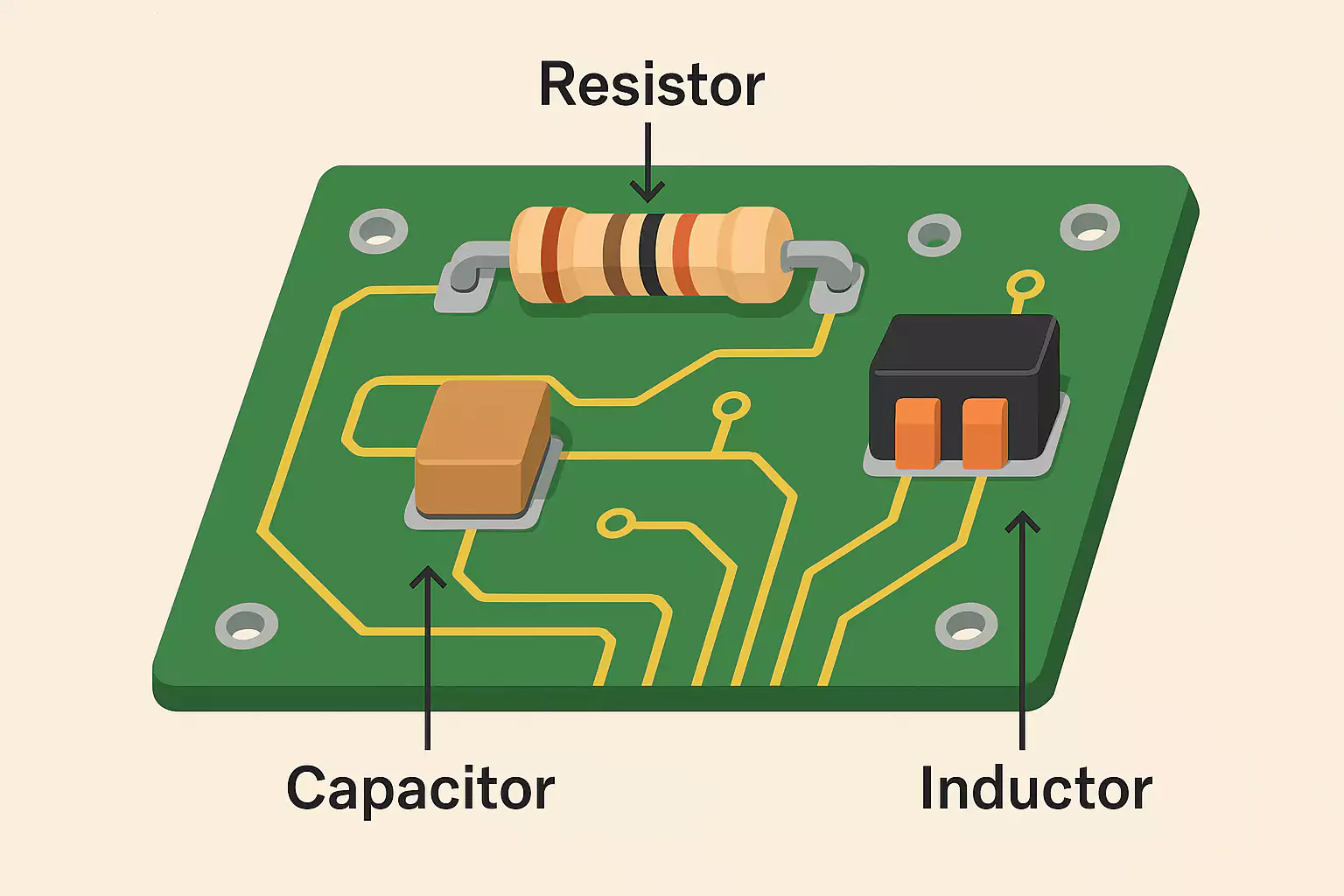 Diagram showing resistor, capacitor, and inductor on a PCB