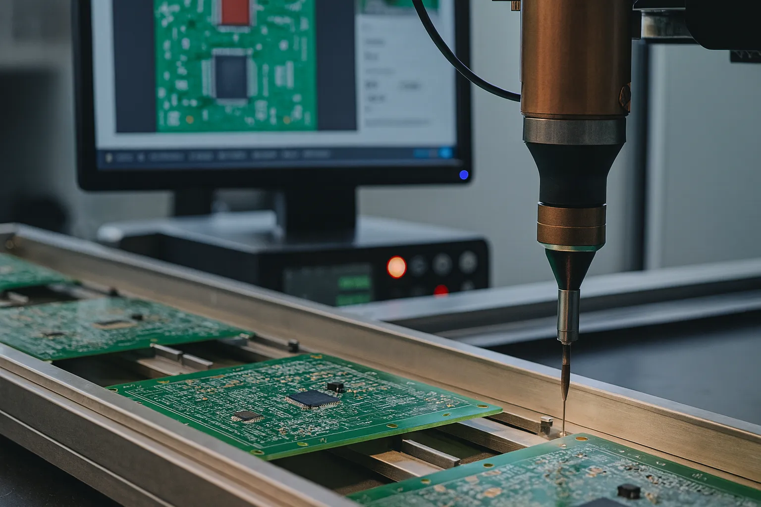 Automated machine soldering components on PCB in assembly line