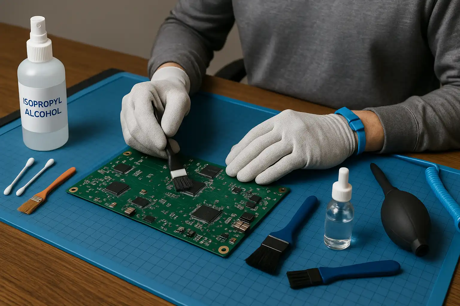 Technician preparing to clean a PCB at an ESD-safe workstation