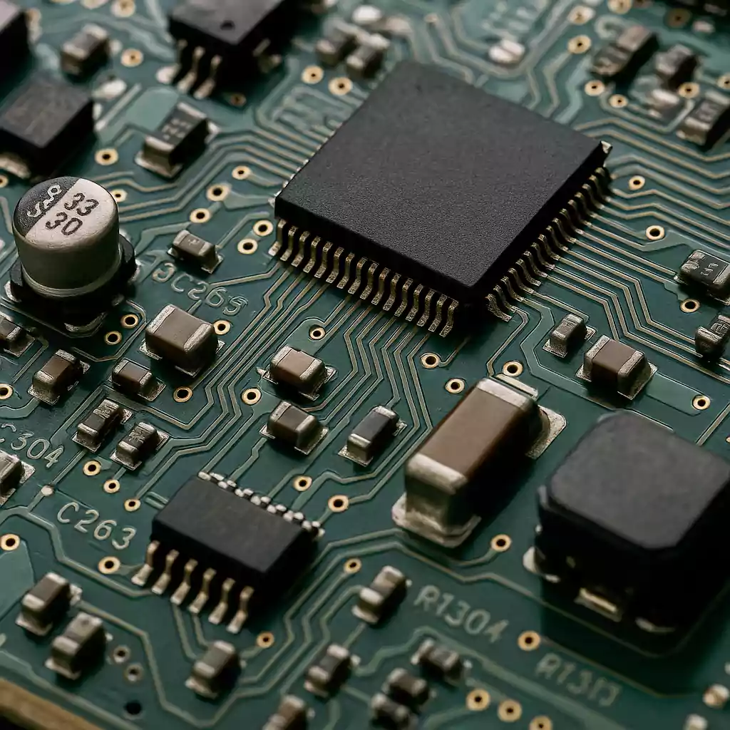 Close-up of a PCB with electronic components and copper traces