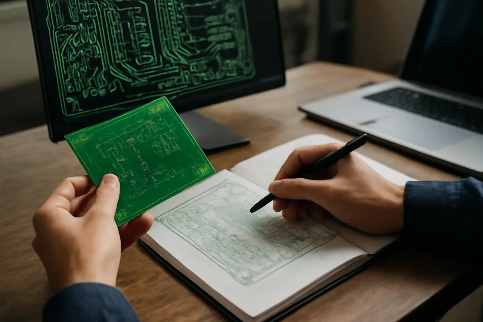 Engineer reviewing a green printed circuit board (PCB) design in a bright workspace