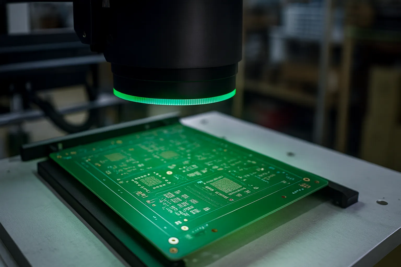 Close-up of PCB under inspection in a fabrication facility