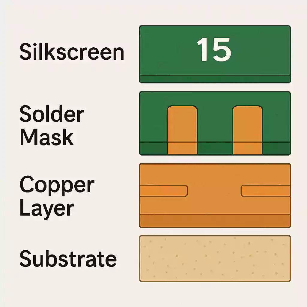Diagram showing PCB layers: substrate, copper layer, solder mask, and silkscreen