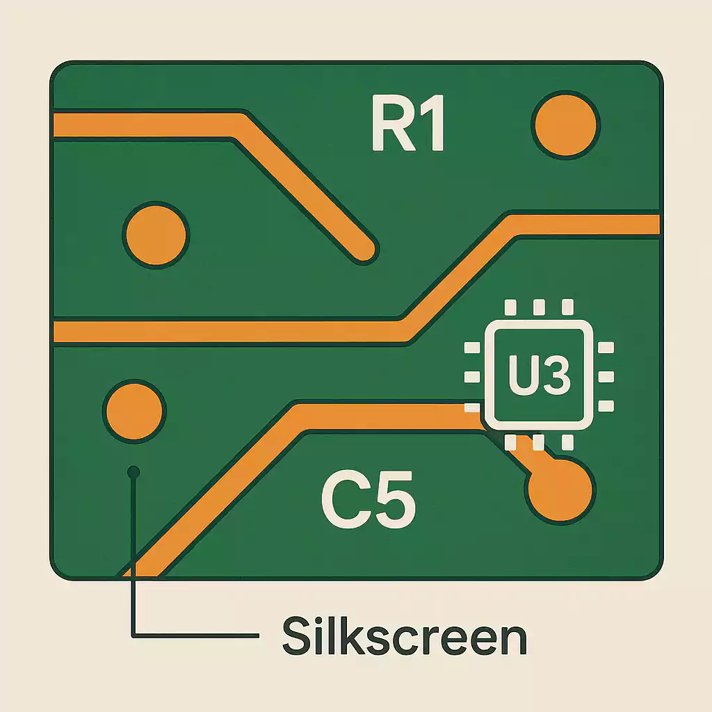 PCB silkscreen with reference designators and outlines