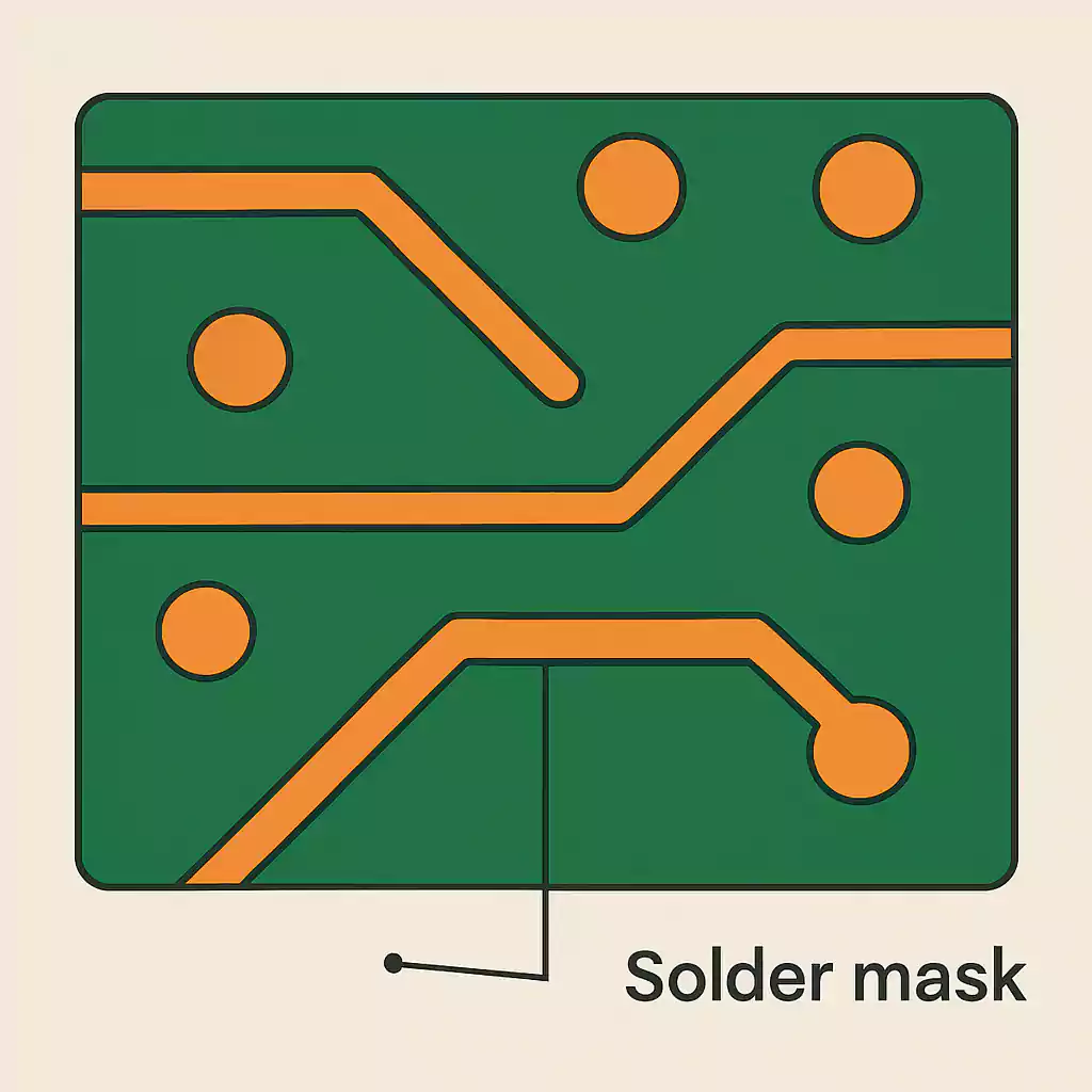 PCB with green solder mask and exposed copper pads