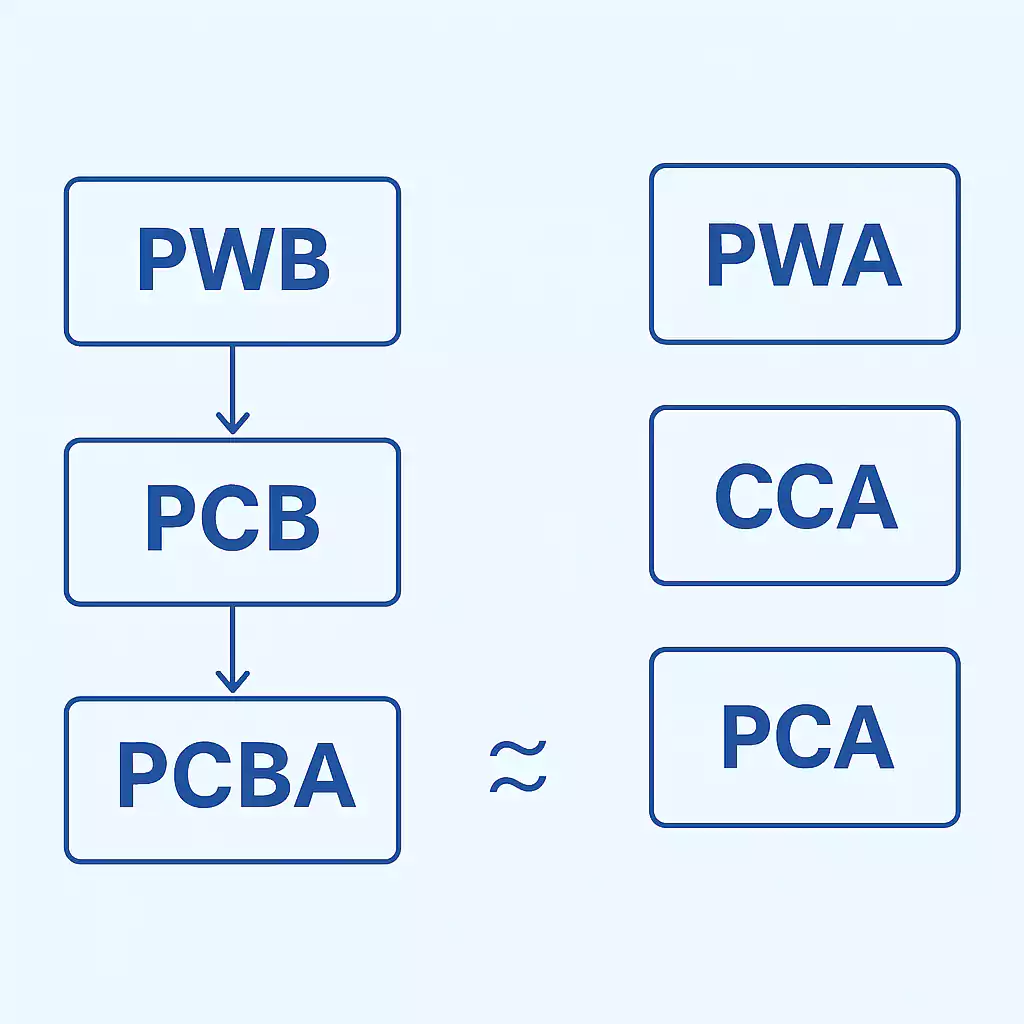Flowchart showing PWB to PCB to PCBA and related terms PWA, CCA, PCA