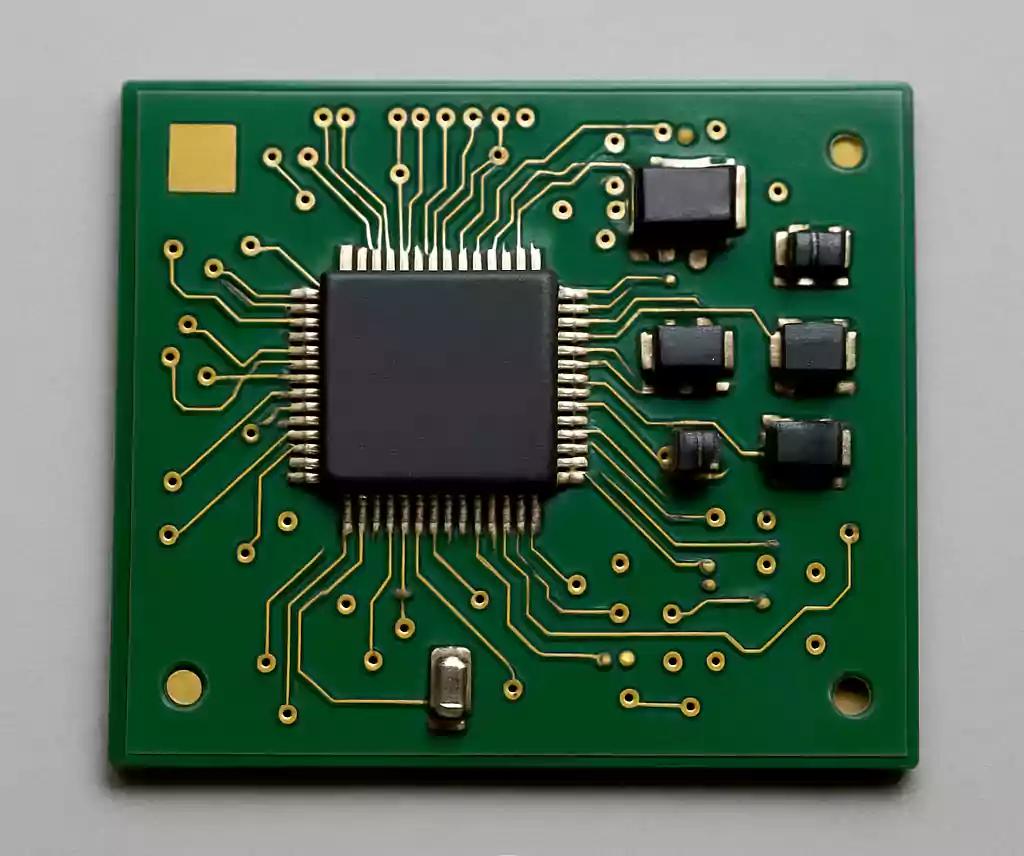 Assembled printed circuit board with components and IC