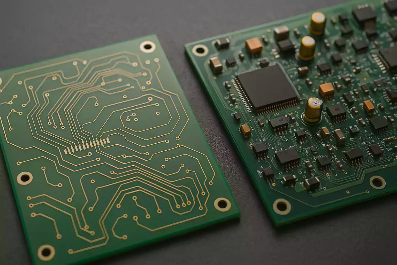 Side-by-side photo of bare and assembled circuit boards on dark background