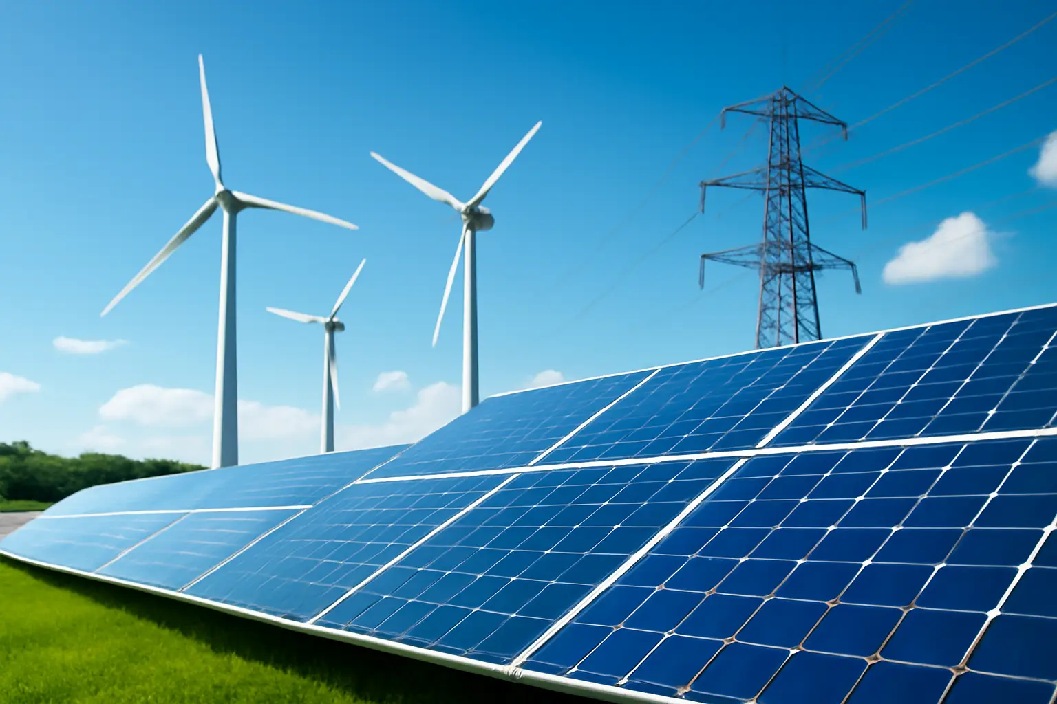 Solar panels and wind turbines connected by power lines under a clear sky