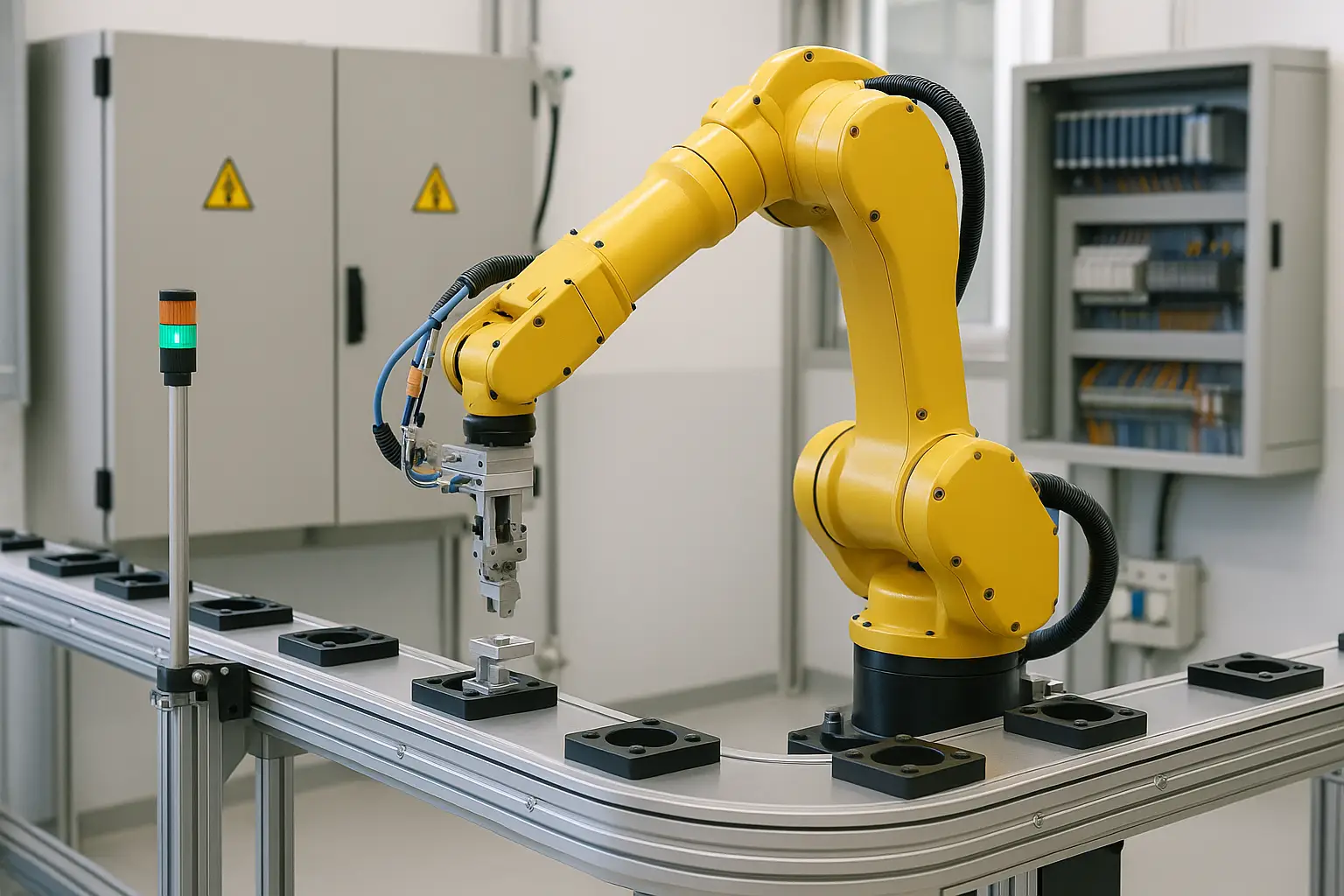 Yellow industrial robotic arm assembling parts on a conveyor in a factory