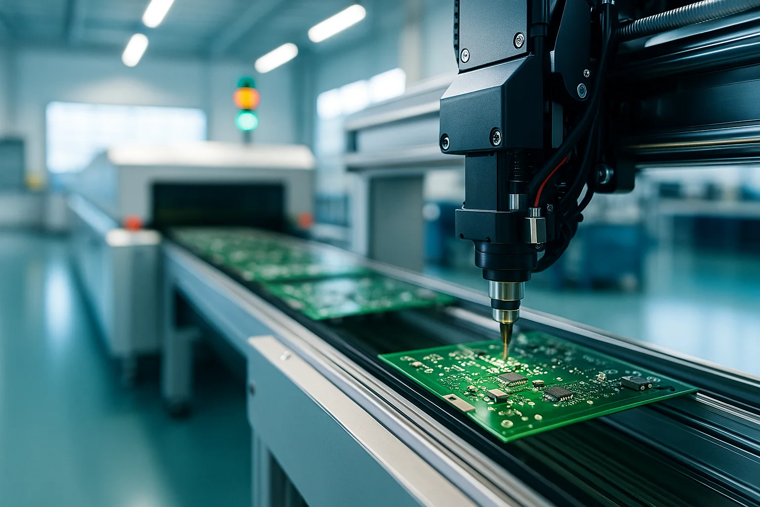A modern SMT PCB assembly line with pick-and-place machine and reflow oven