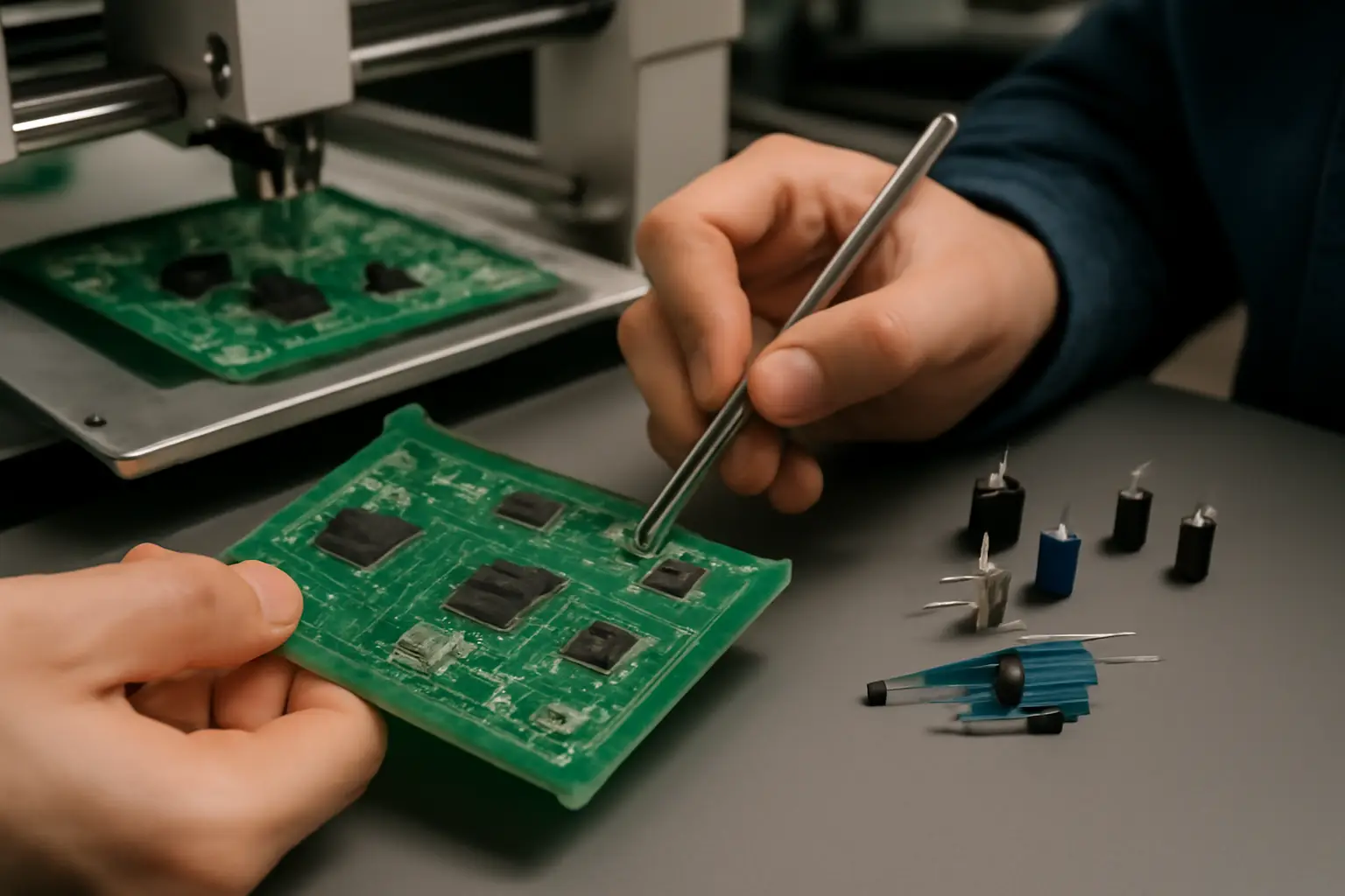 Technician assembling a PCB using SMT and THT components with tweezers in a well-lit workspace
