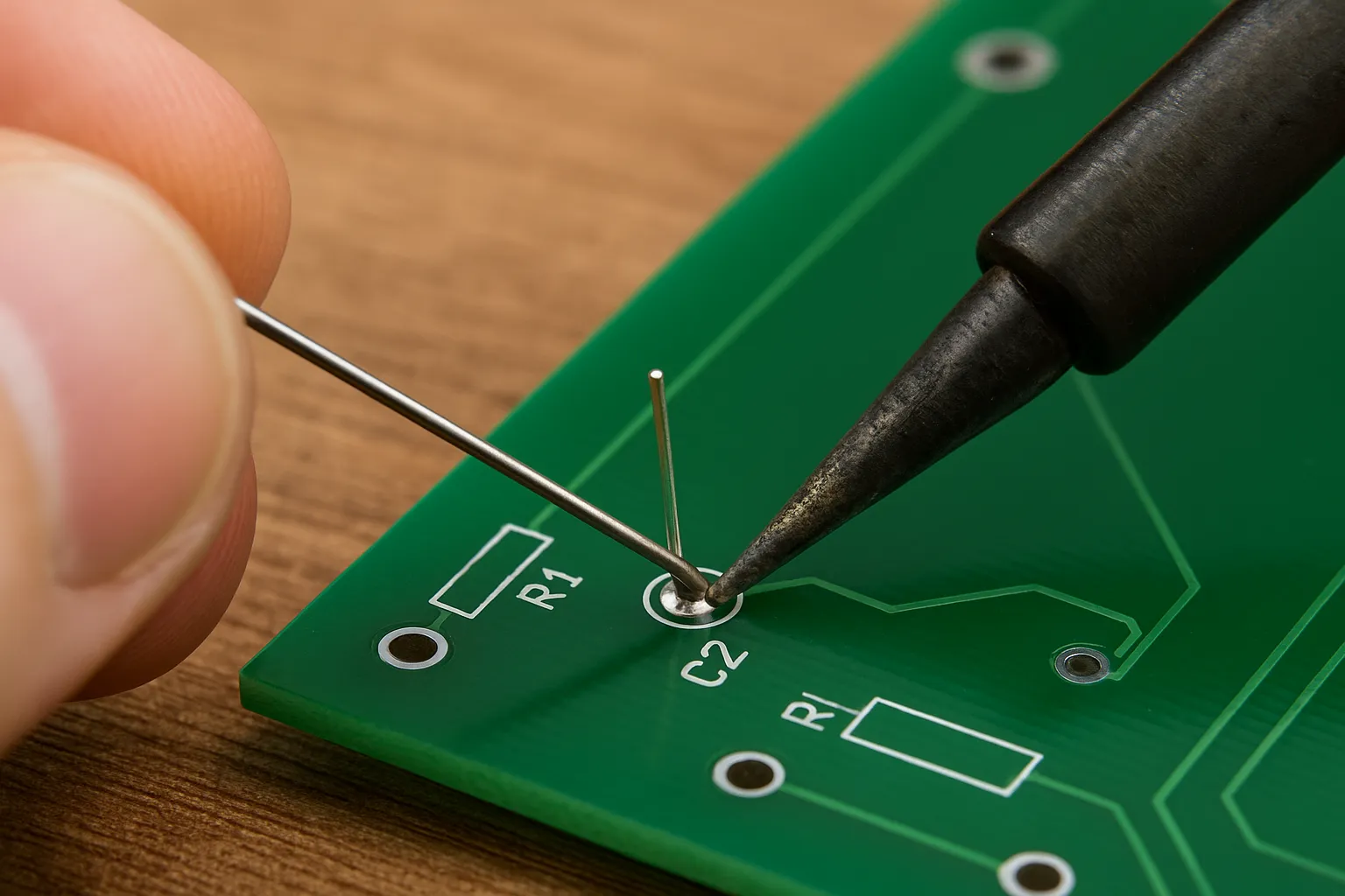 Applying heat and feeding solder wire to a through-hole PCB joint