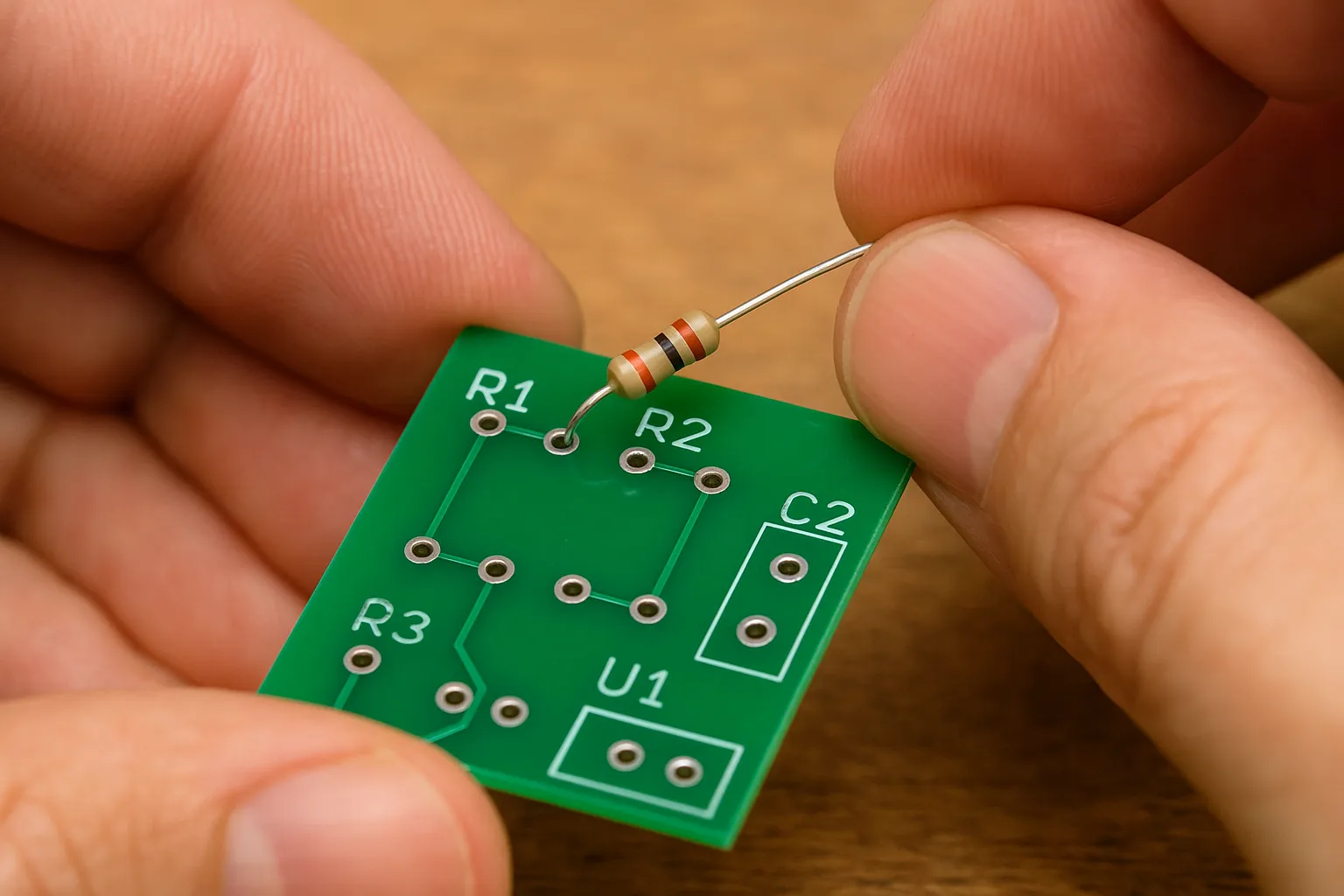 Inserting a resistor into a labeled through-hole PCB before soldering
