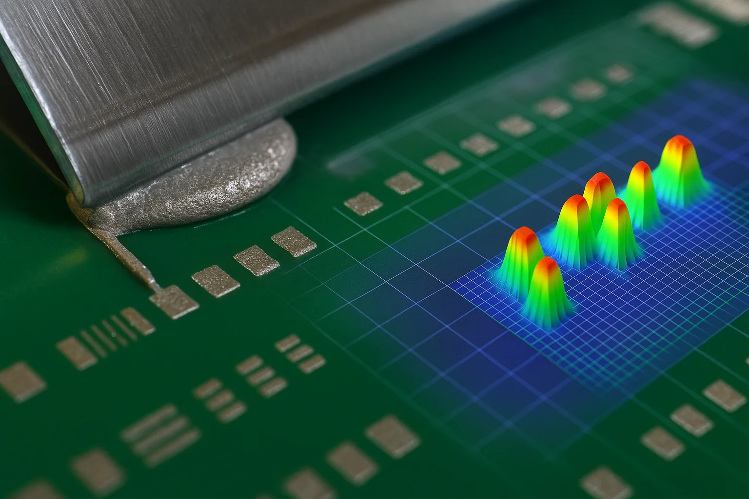 Close-up of solder paste stencil printing and 3-D SPI volume map