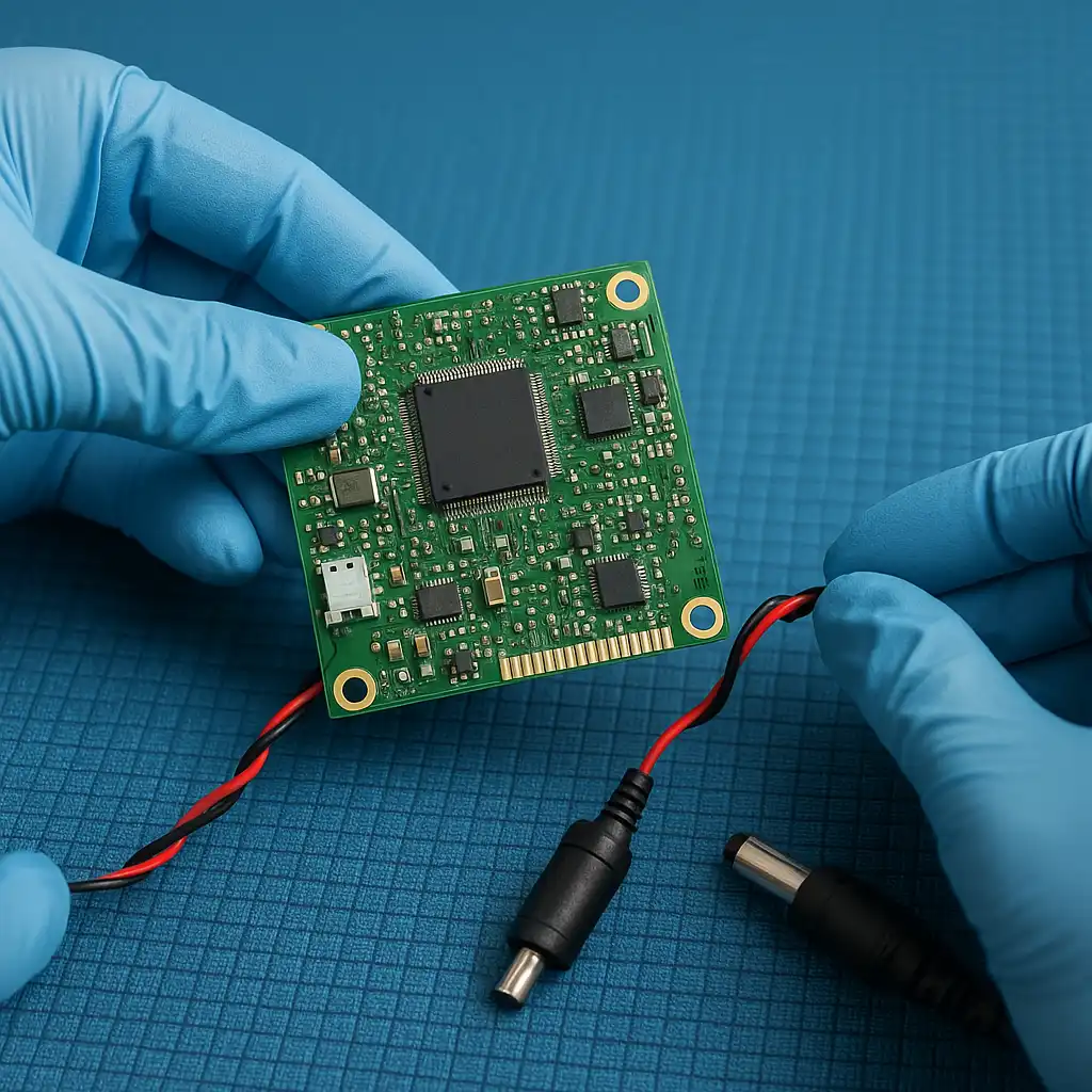 Close-up of a person safely disconnecting a powered-off green PCB before cleaning, showing proper handling of power wires and electronic components