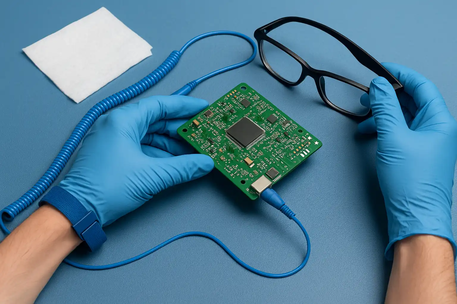 Technician wearing anti-static gloves and wrist strap prepares a PCB on a static-safe surface, holding safety glasses to ensure a safe and ESD-compliant cleaning environment