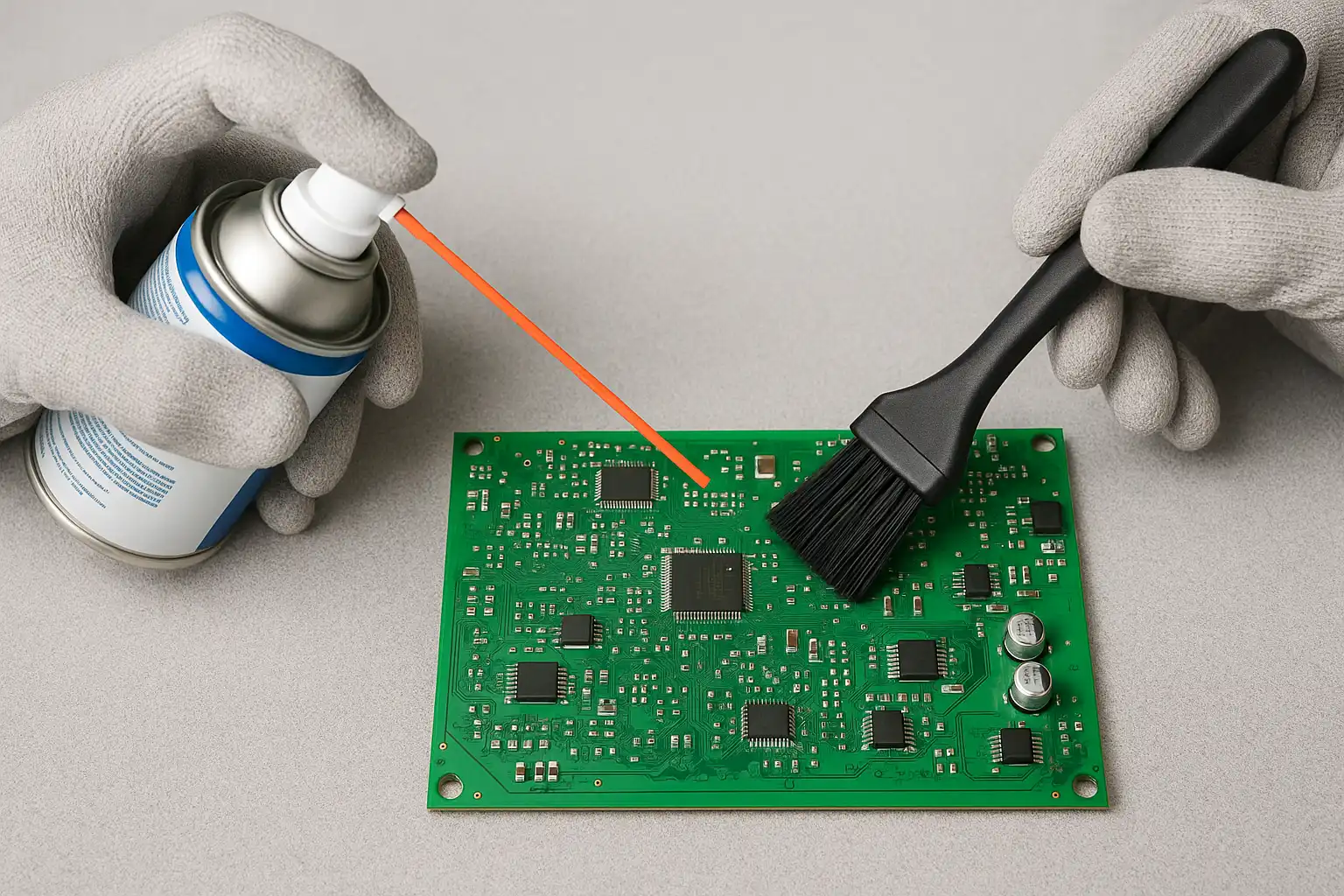 Close-up of hands using compressed air and a soft anti-static brush to dry clean a green PCB on an anti-static mat, safely removing dust from electronic components