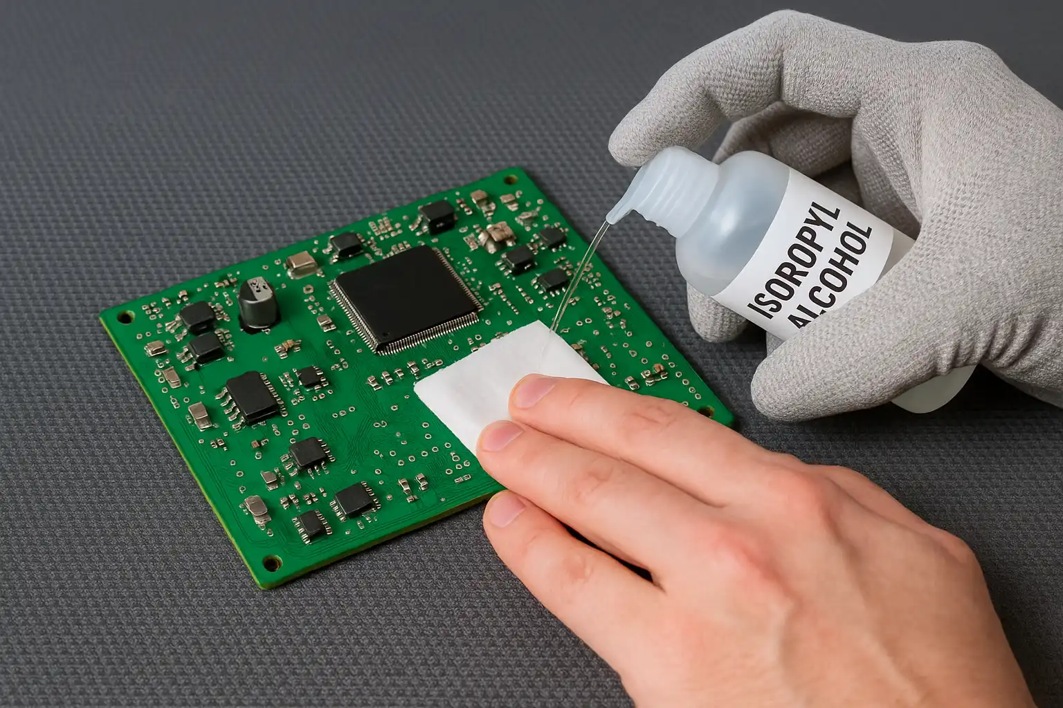 Close-up of a technician applying isopropyl alcohol with a lint-free wipe to clean a green PCB on an anti-static mat, showing safe and precise electronics maintenance